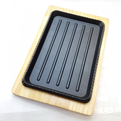 #YY2007; Cast iron pan 27x18cm Rectangle + wood 